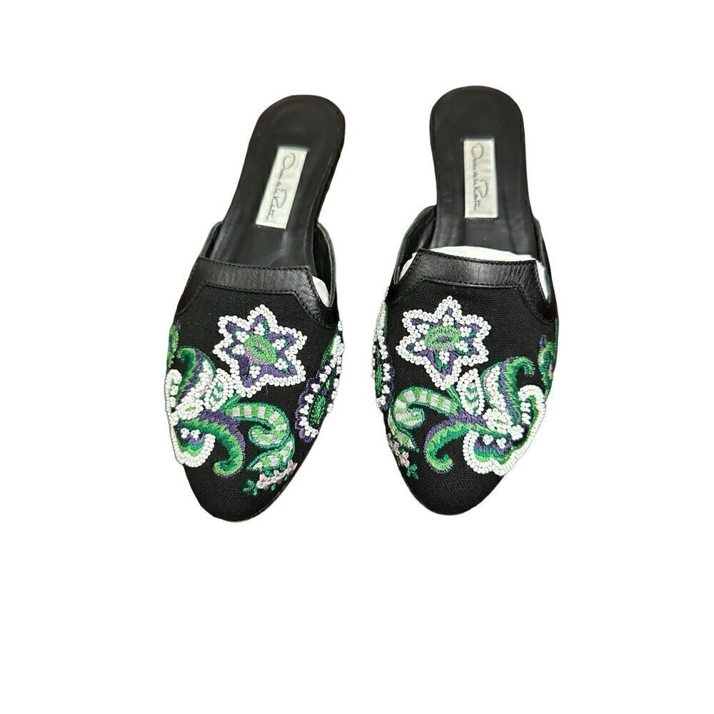 Oscar de la Renta Womens Black Canvas Bead Embroidered Mules Size 37